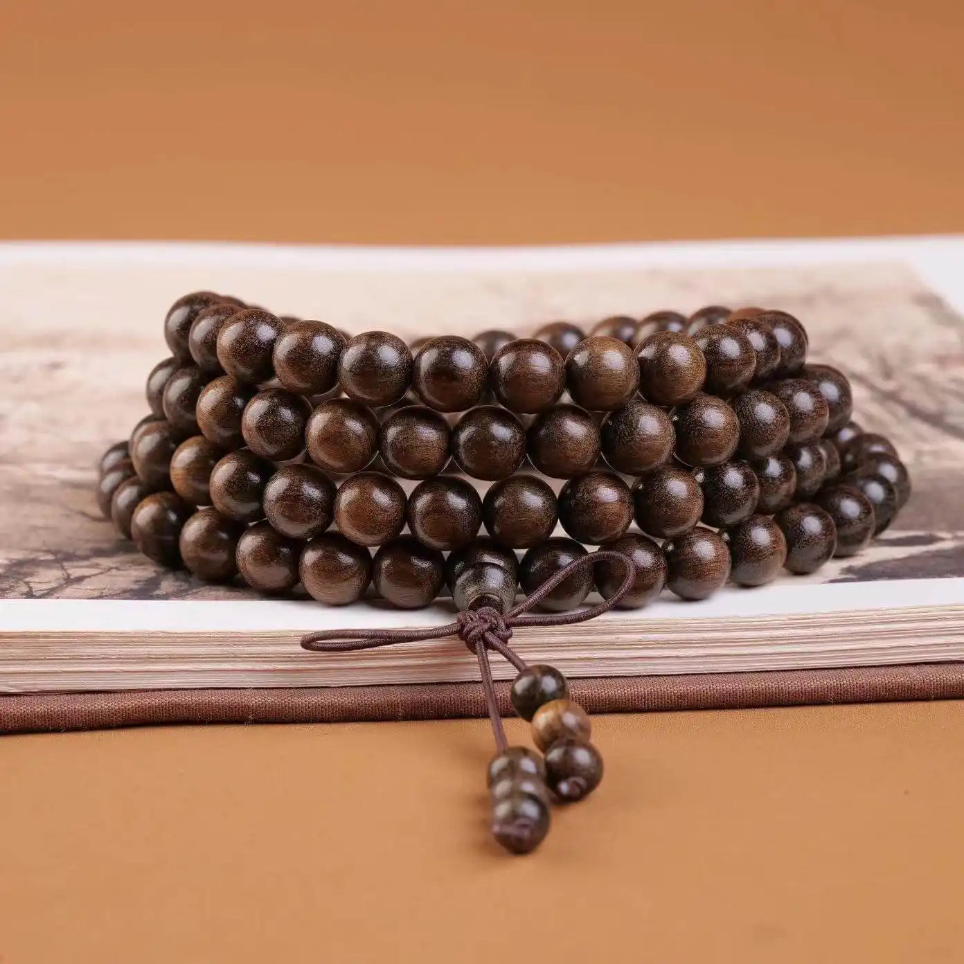 Golden Silk Sandalwood 108-Bead Zen Mala Necklace – 6mm/8mm/10mm Handcrafted Meditation Beads