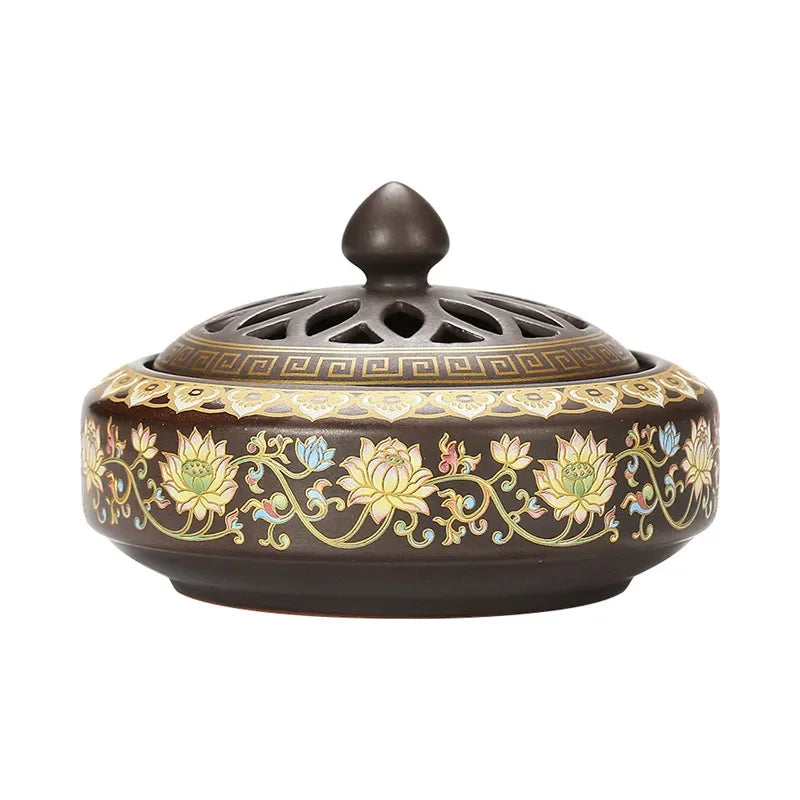 Artisan Zen Ceramic Incense Burner with Lotus Motifs & Gold white bg