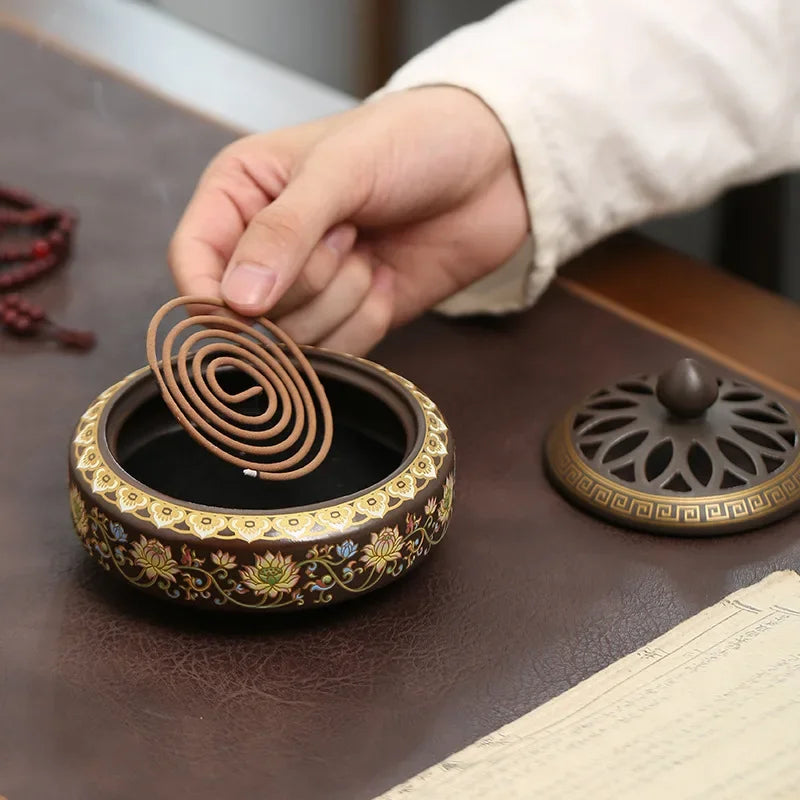 Artisan Zen Ceramic Incense Burner with Lotus Motifs & Gold