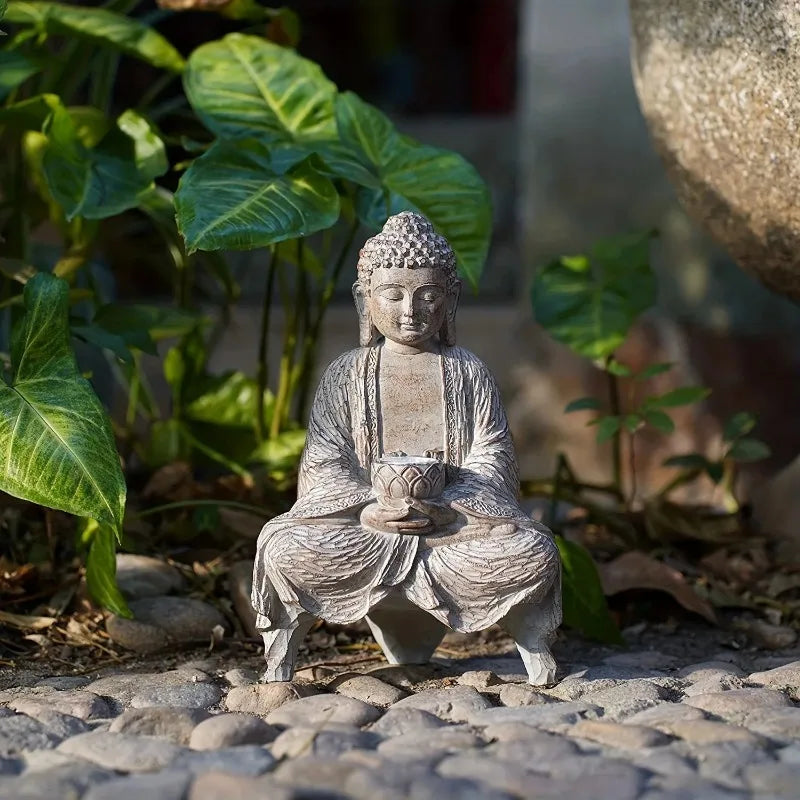 Serene Solar-Powered Resin Buddha Statue – Dual Lotus Mudras for Zen Garden Harmony