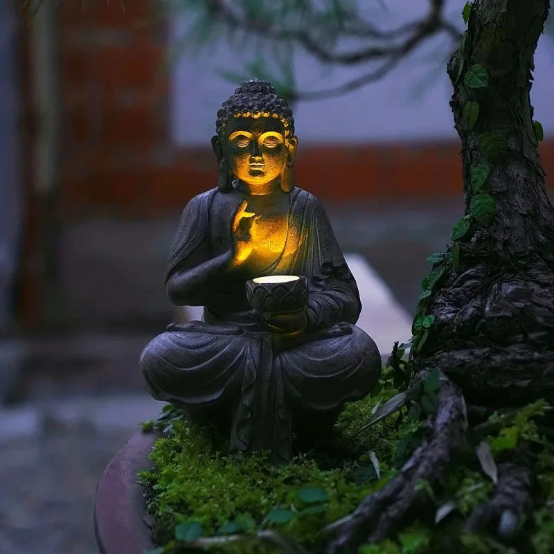 Serene Solar-Powered Resin Buddha Statue – Dual Lotus Mudras for Zen Garden Harmony single