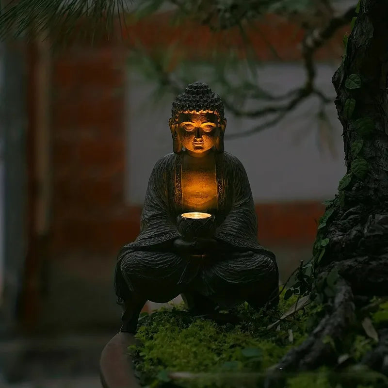 Serene Solar-Powered Resin Buddha Statue – Dual Lotus Mudras for Zen Garden Harmony Dual
