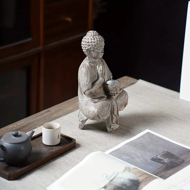 Serene Solar-Powered Resin Buddha Statue – Dual Lotus Mudras for Zen Garden Harmony part