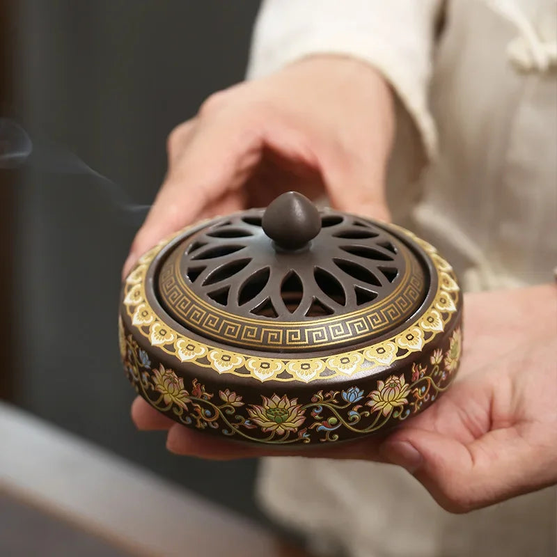 Artisan Zen Ceramic Incense Burner with Lotus Motifs & Gold part
