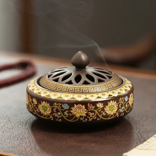 Artisan Zen Ceramic Incense Burner with Lotus Motifs & Gold